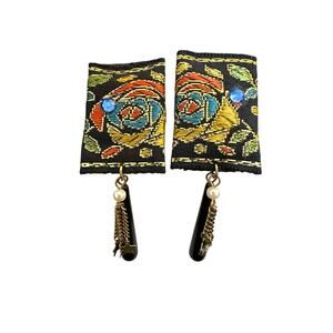Black Floral Tapestry Earrings Blue Rhinestones with Gold Stars Dangle Drop